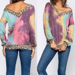 Leopard Print & Tie Dye Deep V Neck Top